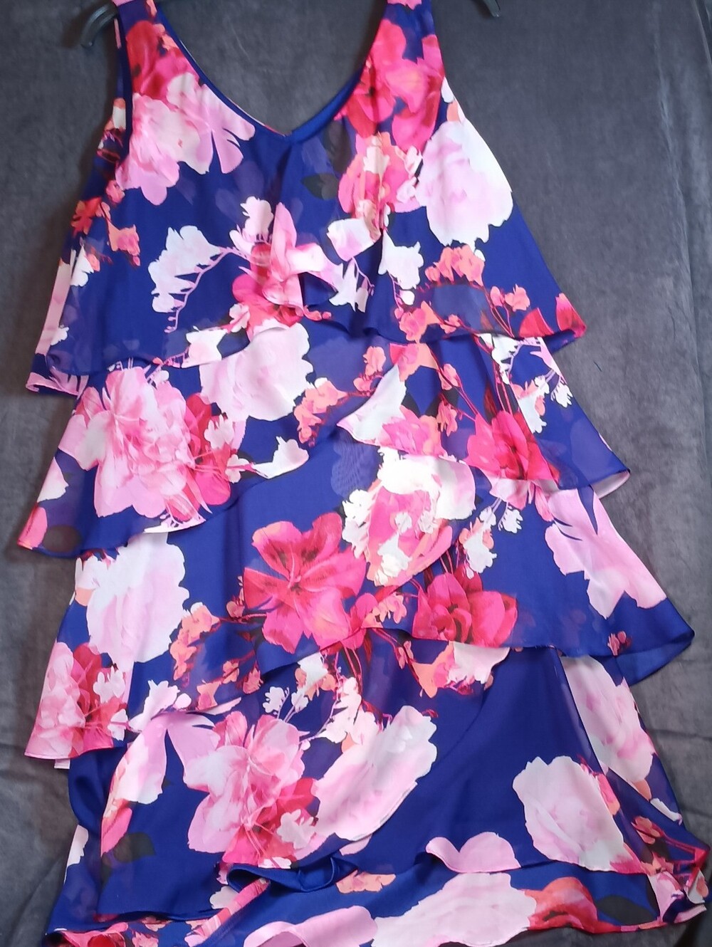 SLNY Royal Blue And Pink Floral Dress with Tiered Ruffles